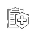 Medical insurance policy concept logo, medicine card, check up clip board, suite of services, vector line icon. Save and protect