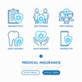 Medical insurance thin line icons set: policy, life insurance, dental program, family medicine, telemedicine. Modern vector