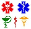 Medical international symbols set. Star of life, staff of Asclepius, caduceus, bowl with a snake. Isolated symbols on