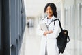 Medical Internship Concept. Portrait Of Young Black Female Doctor Student In White Coat Royalty Free Stock Photo