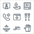 medical items line icons. linear set. quality vector line set such as latex, acupunture, surgery equipment, crutches, medical