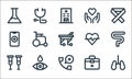 Medical items line icons. linear set. quality vector line set such as lungs, crutches, medical box, eye dropper, smartphone, heart