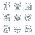 Medical items line icons. linear set. quality vector line set such as medicines, medical app, heart, hospital bed, emergency kit, Royalty Free Stock Photo