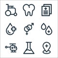 medical items line icons. linear set. quality vector line set such as pin, flask, helicopter, blood drop, gender, blood, file,