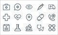medical items line icons. linear set. quality vector line set such as plaster, microscope, data, stethoscope, test tube, plus,