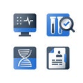 Sample test result, medical laboratory analysis, magnifying glass and lab tubes, chemistry research, pharmacology concept