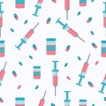 Medical laboratory equipment Seamless pattern. Syringe and vials. Tablets, drugs and pearl. Vaccine. Flat vector.