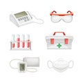 Medical laboratory equipment set. Ecg machine, test tubes with blood, first aid kit, medical face mask, tonometer Royalty Free Stock Photo