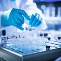 Medical laboratory research, chemist or researcher in gloves. Medicine healthcare pharma production lab laboratory science