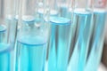 Medical laboratory test tubes with blue liquid close up, selective focus. Scientific laboratory research Royalty Free Stock Photo