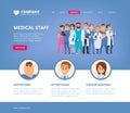 Medical landing. Hospital staff doctors nurse pharmaceutical biochemistry workers web page layout design template