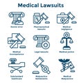 Medical Lawsuits with Pharmaceutical, negligence, & medical malpractice icon set