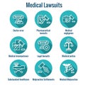 Medical Lawsuits with Pharmaceutical, negligence, & medical malpractice icon set