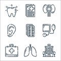 medical line icons. linear set. quality vector line set such as , lungs, first aid kit, blood pressure, pills, hearing, kidney, Royalty Free Stock Photo