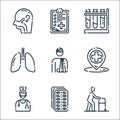 Medical line icons. linear set. quality vector line set such as old man, pills, doctor, location, injury, lungs, tubs, medical