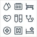 medical line icons. linear set. quality vector line set such as hospital bed, hospital, medical, stethoscope, blood sample, heart