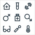 medical line icons. linear set. quality vector line set such as thermometer, dental care, eyeglasses, male, potion, female, gym,