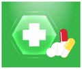 Medical logo or emblem of the pharmacy. Green glass button