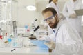 Medical male pharmacy scientist working in laboratory with test sample