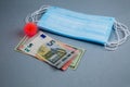 Medical mask, abstract virus model and money on a grey background