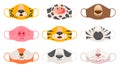 Medical mask with animals faces. Tiger, pig and zebra, bear and rabbit, fox and cow kids covid-19 protective masks print