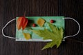 Medical mask with autumn leaves on a dark background