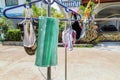 Medical mask and cotton cloth mask on clothes line Royalty Free Stock Photo