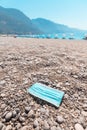 medical mask discarded on a sandy beach by the sea. The concept of irresponsible behavior and environmental pollution. Royalty Free Stock Photo