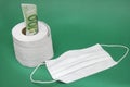 Medical mask next to a roll of toilet paper and a 100 Euro bill in it Royalty Free Stock Photo