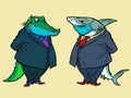 Medical mask quarantine. shark and crocodile. two businessmen communicate, business meeting