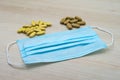 Medical mask and yellow tablets, medicines and disposable medical mask