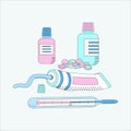 Doodle style medical set. Thermometer, ointments, medicines, tablets, vitamins. Royalty Free Stock Photo