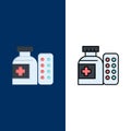 Medical, Medicine, Pills, Hospital  Icons. Flat and Line Filled Icon Set Vector Blue Background Royalty Free Stock Photo