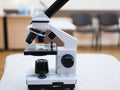 Medical microscope. Large view. Black and white. Laboratory microscope stereo eyepiece in the laboratory