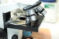 Medical microscope. Professional pharmaceutical microscope. Study of the properties of the drug when increasing. The Royalty Free Stock Photo