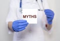 Medical myths concept about blod analysis. Inscription, word about fakes and misinformation about health Royalty Free Stock Photo