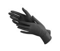 Medical nitrile gloves.Two black surgical gloves isolated on white background with hands. Rubber glove manufacturing, human hand
