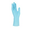Medical nitrile gloves.Two blue surgical gloves isolated on white background with hands. Rubber glove manufacturing, human hand is Royalty Free Stock Photo