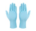 Medical nitrile gloves.Two blue surgical gloves isolated on white background with hands. Rubber glove manufacturing, human hand is Royalty Free Stock Photo