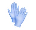 Medical nitrile gloves.Two blue surgical gloves isolated on white background with hands. Rubber glove manufacturing, human hand Royalty Free Stock Photo