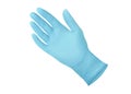 Medical nitrile gloves.Two blue surgical gloves isolated on white background with hands. Rubber glove manufacturing, human hand Royalty Free Stock Photo