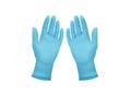 Medical nitrile gloves.Two blue surgical gloves isolated on white background with hands. Rubber glove manufacturing, human hand