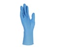 Medical nitrile gloves.Two blue surgical gloves isolated on white background with hands. Rubber glove manufacturing, human hand Royalty Free Stock Photo