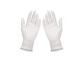 Medical nitrile gloves.Two white surgical gloves isolated on white background with hands. Rubber glove manufacturing, human hand