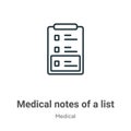 Medical notes of a list paper on a clipboard outline vector icon. Thin line black medical notes of a list paper on a clipboard