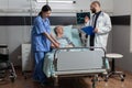 Medical nurse attaching oxymeter on senior woman patient