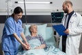 Medical nurse attaching oxymeter on senior woman patient