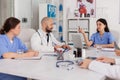 Medical nurse discussing disease examination with research team during clinical meeting