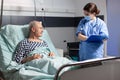 Medical nurse in scrubs with chirurgical mask taking notest on cliboard Royalty Free Stock Photo