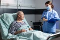 Medical nurse in scrubs with chirurgical mask taking notest on cliboard